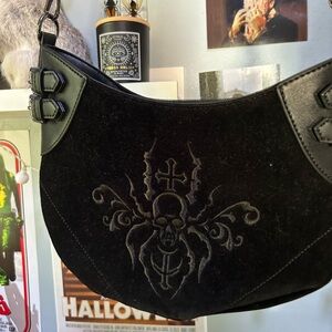 Women's Gothic black faux leather and suede bag with embroidered skull spider